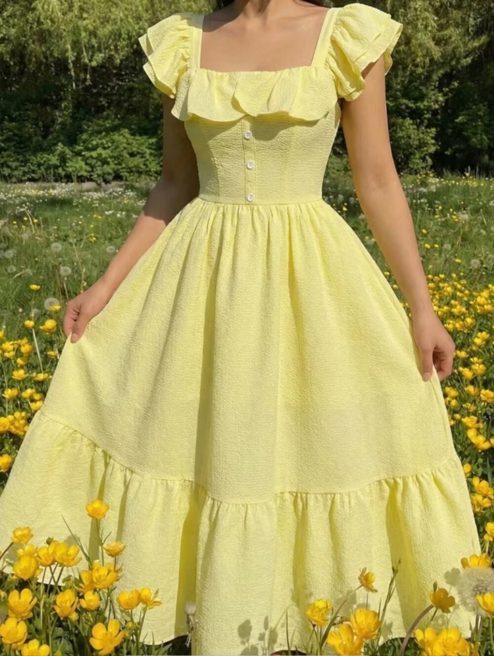 Light Yellow Ruffled Peasant Dress Square-Neck Midi Dress Cottagecore